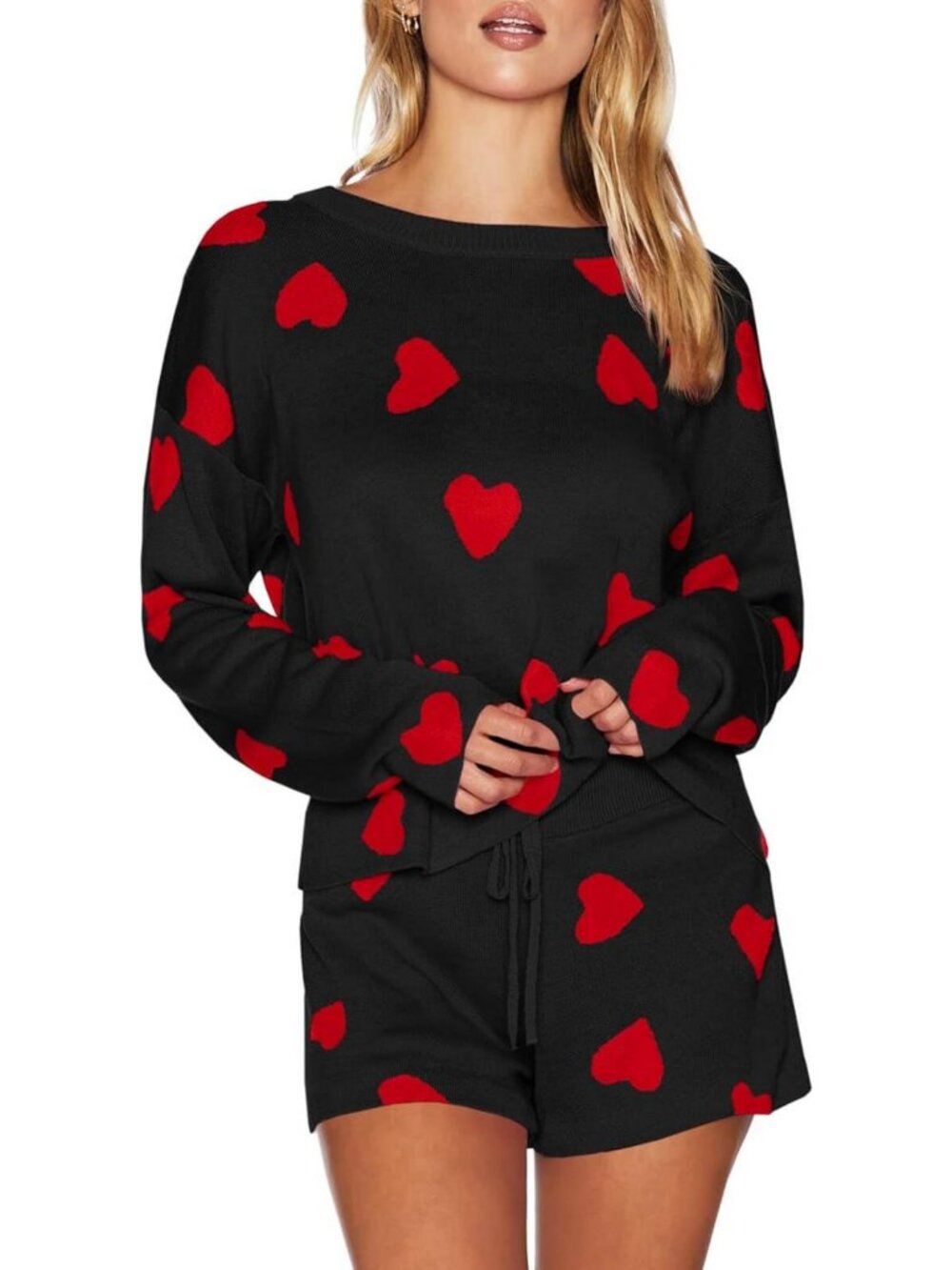 Cozy Valentine's Day Pajama Set | Hearts Print Long Sleeve Sweater & Shorts